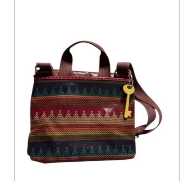 Fossil Key Per Coated Canvas Leather Trim Crossbody Messenger Bag Key charm - Picture 6 of 16